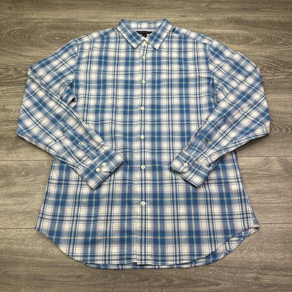 Banana Republic Soft Wash Dress Shirt Men's Large Blue Plaid Button Up Preppy